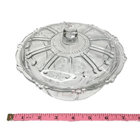 Vintage CANDY DISH 7” Clear Glass Bowl & Lid KIG Kedaung Oyster Pearl Beaded - Picture 6 of 7